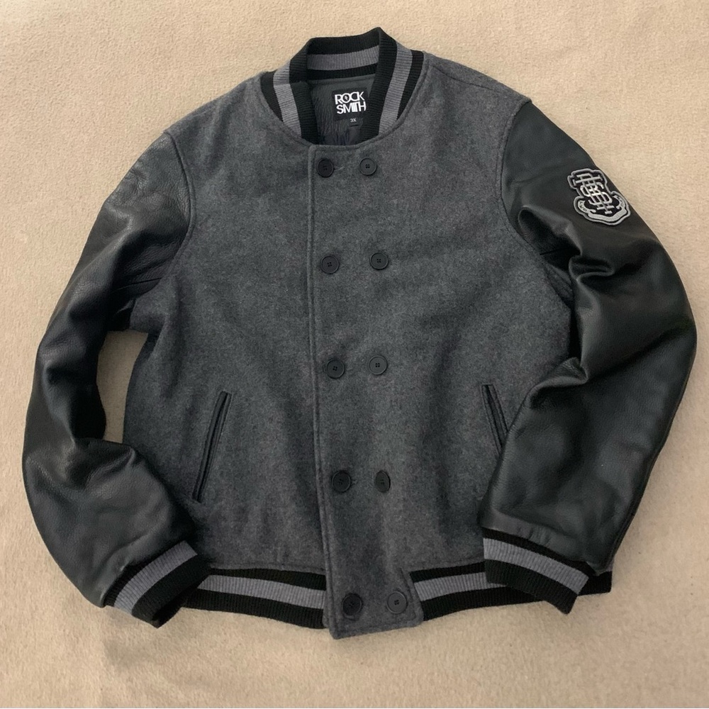 Rocksmith 1993 Varsity Letterman Wool Real Leather Black Jacket Bomber Size 3XL
